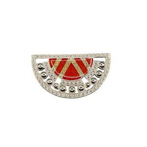 Art Deco Inspired Vintage Brooch Red Enamel Silver Tone Semi Circle Pin